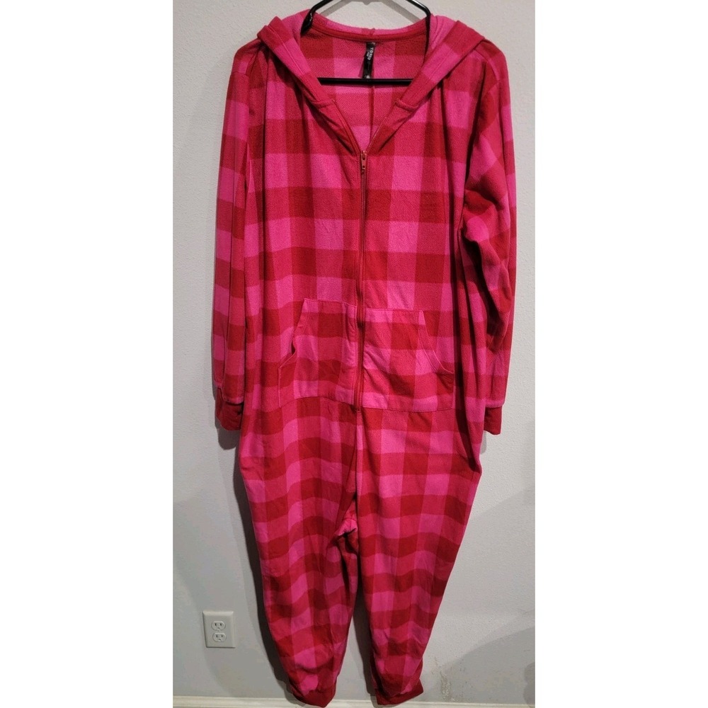 Torrid Fleece Full Length Plaid Lounge Jumpsuit Pajamas Pink Red Womens Sz 1/2
